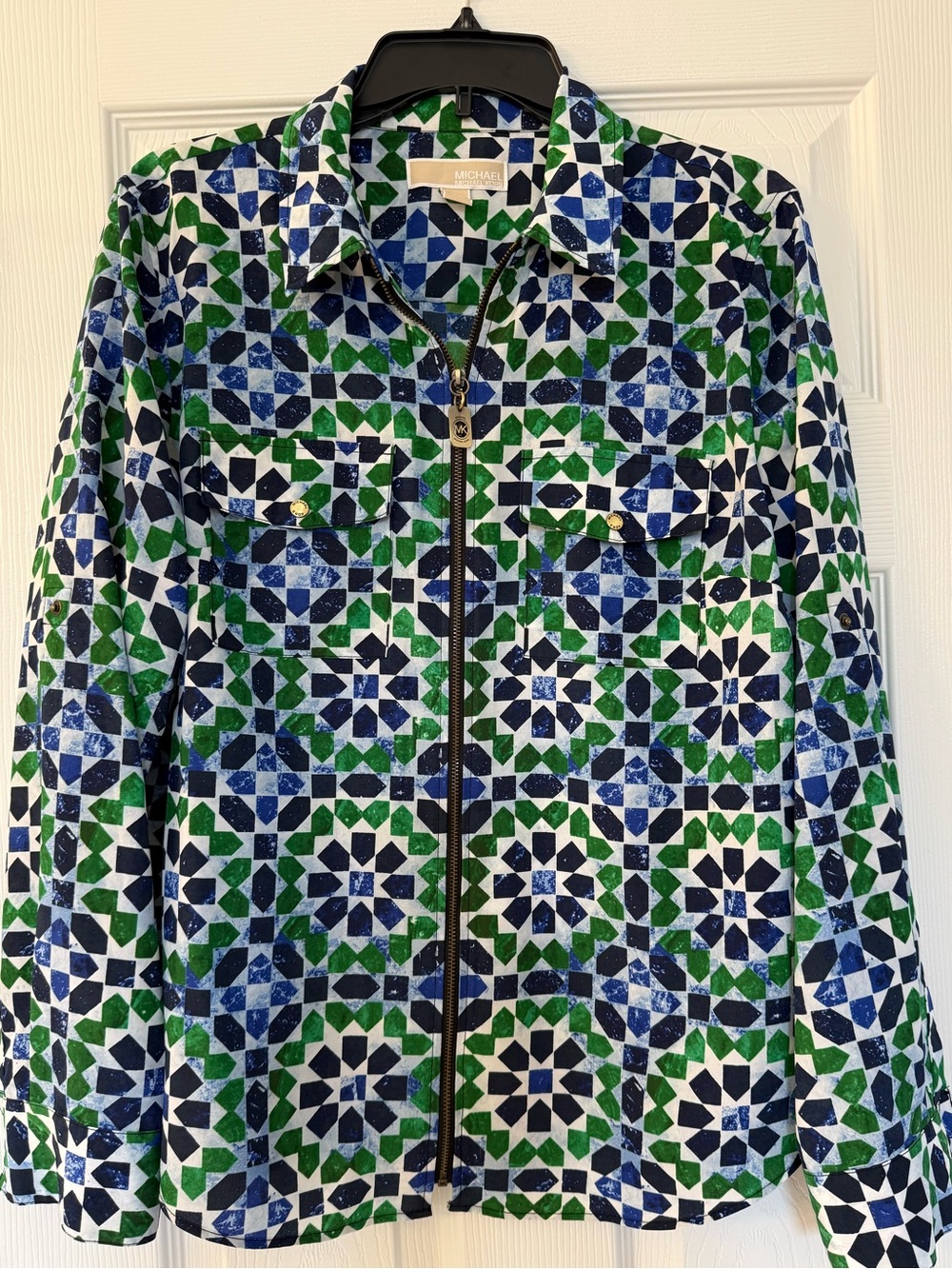 Michael Kors Blue, Green & White Geometric Zip-Front Blouse